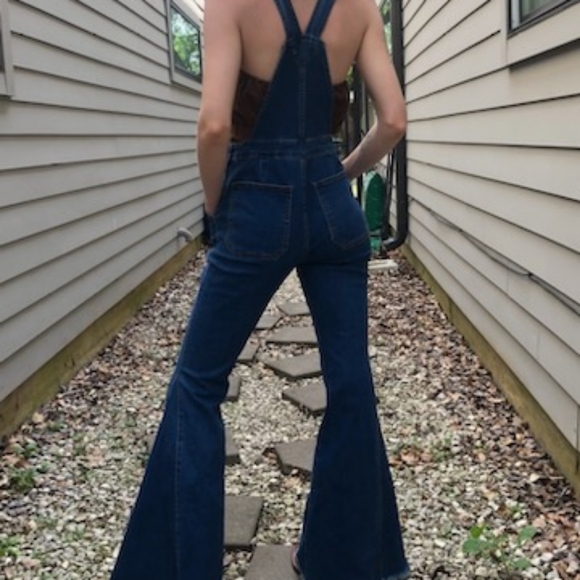 010 Boho Denim Vintage Style Flared Bell Bottom Wide Leg Overalls NWT - Picture 8 of 12